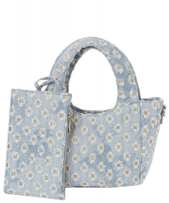 Dotted Distressed Denim Tote Crossbody Bag LY137-Z LIGHT DENIM